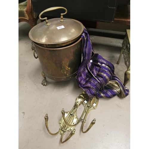 419 - A pair of brass period style 2 branch gas fittings; 3 chandelier fittings; A brass covered coal bin ... 