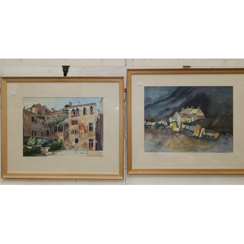 421 - Alan J Swire (?):  The Welcoming House, Rannoch Moor, watercolour, 30 x 4 cm; a watercolour, Venice ... 
