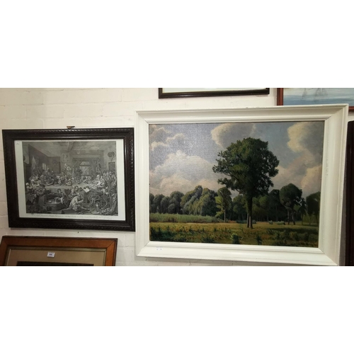 424 - P A Johansen, landscape with trees, oil on board, signed, 59 cm x 8 cm, framed; a print after Hogart... 