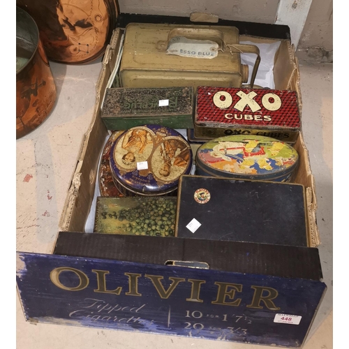 448 - An early 20th century glass advertising sign for Olivier cigarettes; a collection of old tins; a sel... 