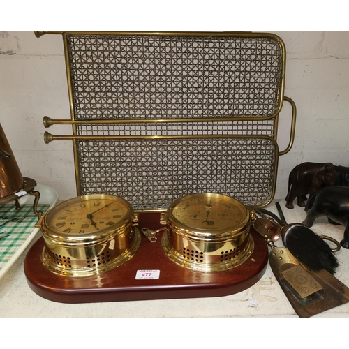 477 - A reproduction ship's brass clock and barometer; a gilt and glass table lamp; a brass oil lamp; triv... 