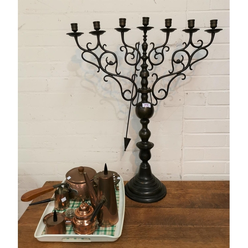 478 - A large bronzed 7 branch candelabrum; a pair of Georgian brass candle snuffers in stand; a copper co... 