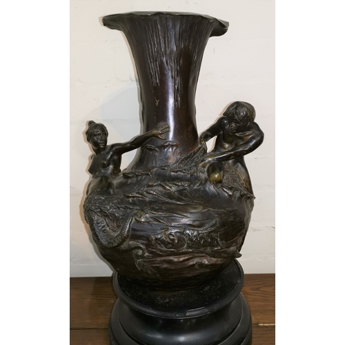 487 - A large Art Nouveau (c.1900) patinated bronzed vase with naked male and female mermaid figures with ... 