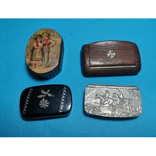 415 - 4 19th century snuff boxes, black lacquer picture of 7 children, black lacquer with pewter filigree ... 