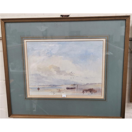 428 - John Taunton:  Beach scene with beached boat, watercolour, signed, framed and glazed
