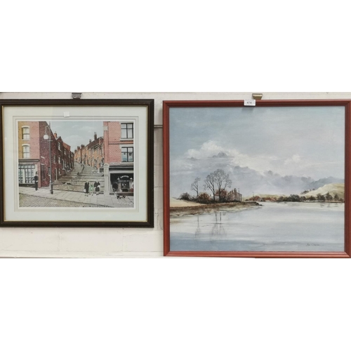 474 - Alan Chapman:  Lake scene, oil on board, signed, framed; 2 prints of Stockport; a gilt wall mirror