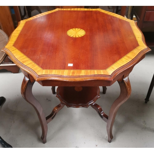 550a - An Edwardian Sheraton style octagonal occasional  table, mahogany with satinwood crossbanding and in... 