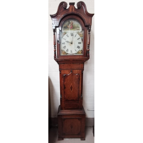 562a - An early 19th century longcase clock, inlaid crossbanded oak case, the hood with swan neck pediment ... 