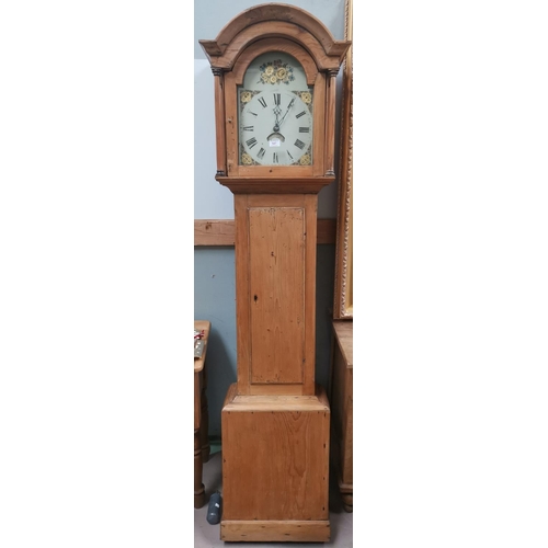 625 - A 19th century pine 30 hour longcase clock with arch top hood and turned pillars, full length door a... 