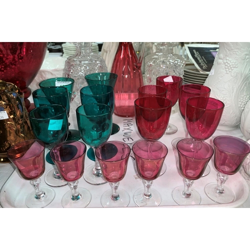 193 - A pair of Victorian green glass goblets; a cranberry glass claret jug; other glasses; 2 cut glass de... 