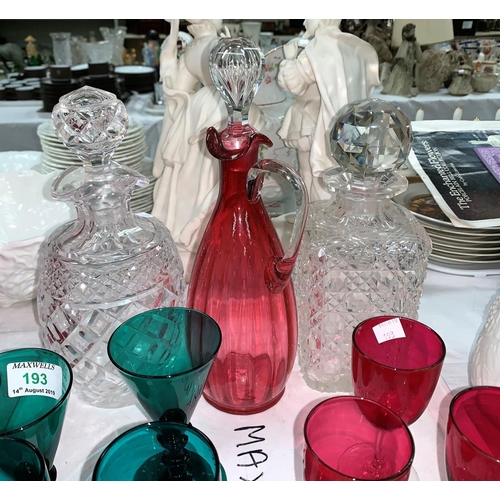 193 - A pair of Victorian green glass goblets; a cranberry glass claret jug; other glasses; 2 cut glass de... 