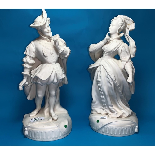 195 - A pair of continental bisque porcelain figures of a courtly lady and gentleman, 35 cm (some damage)