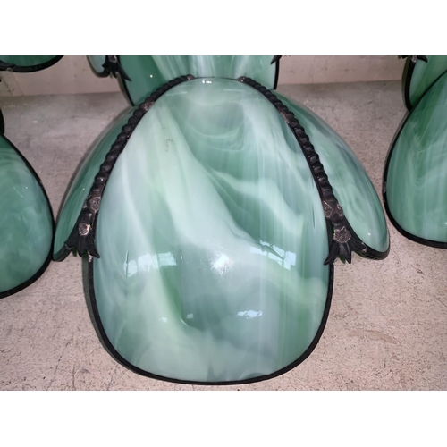 212a - A set of 6 Mid 20th century dark metal and opaque green glass wall lightshades, each flowerhead
shad... 