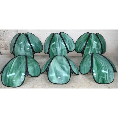 212a - A set of 6 Mid 20th century dark metal and opaque green glass wall lightshades, each flowerhead
shad... 
