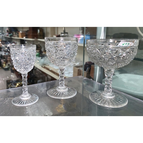 215 - A suite of 3 sizes of cut drinking glasses; a silver plated entrée dish; etc.