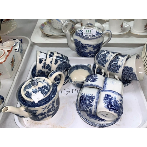 221 - A Wedgwood Willow pattern tea set, 10 pieces; a similar blue & white part tea set; 3 similar cups an... 