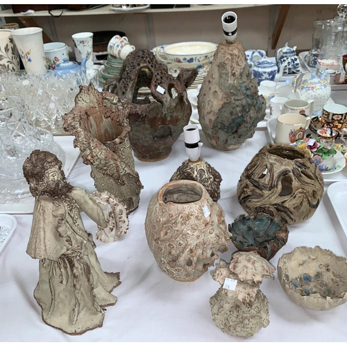 226 - Twelve pieces of modern studio pottery:  table lamps; bowls; sculptures; etc.