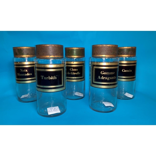 238A - A set of 5 late 19th Century French apothecary’s glass herb and spice jars of cylindrical form
with ... 