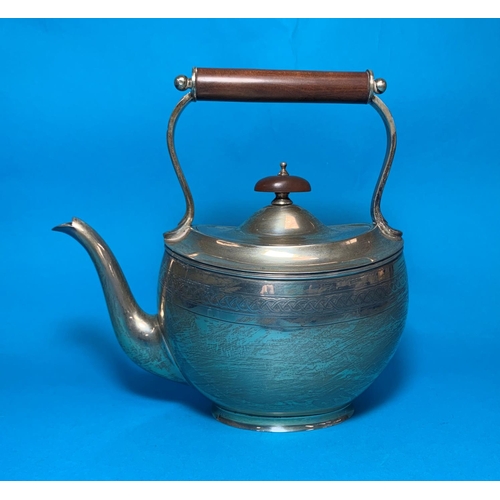 319 - A Georgian style oval kettle/teapot with engine turned entwined band, boxwood handle and finial, Lon... 