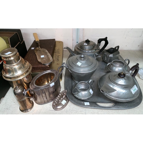 332 - A 1930's 4 piece beaten pewter tea set and tray; silver plated cutlery, boxed and loose; a cocktail ... 