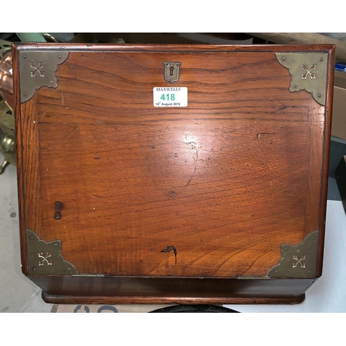 418 - A Victorian oak correspondence box, with slope front and brass mounted corners, 37 cm