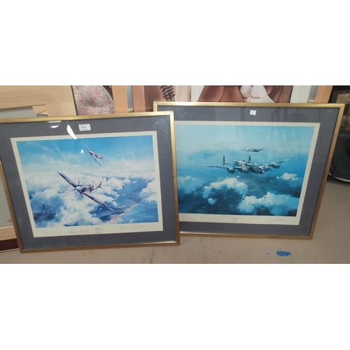 455 - After Robert Taylor, print of Spitfires signed by Douglas Bader and Lancaster signed by Leonard Ches... 