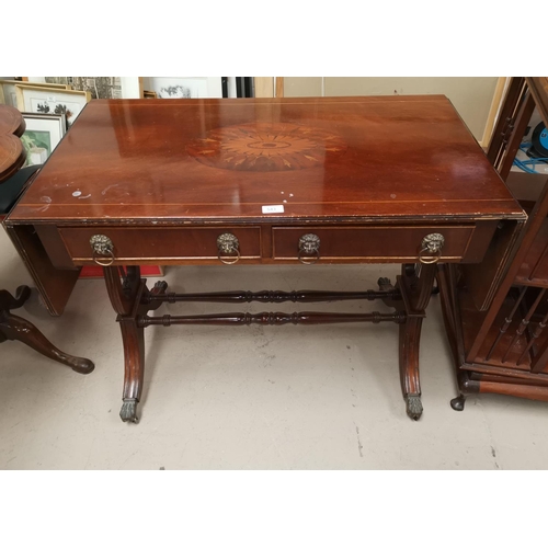 543 - A reproduction mahogany sofa table with extensive marquetry inlay
