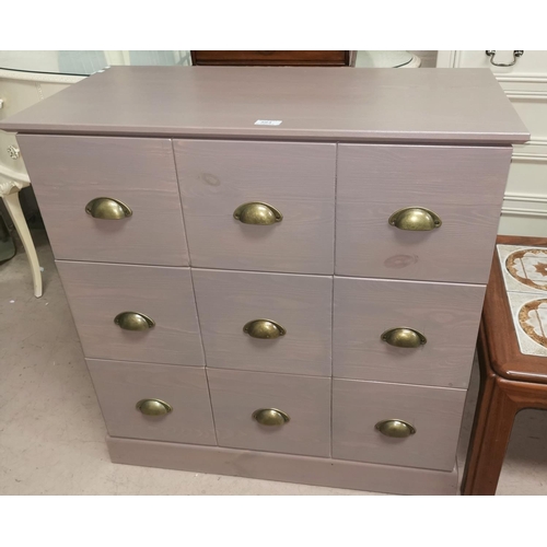 583 - A modern chest of 3 drawers in grey finish; A lattice work hardwood linen basket