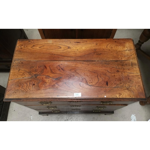 649 - A Georgian oak 3 drawer chest with brass drop handles on pierced back plates, on bracket feet