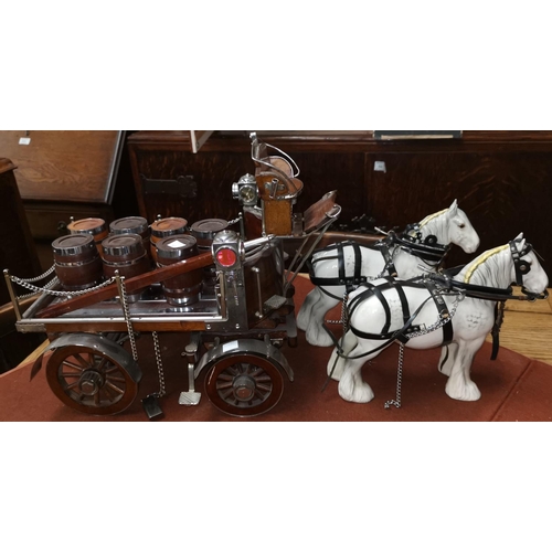 262 - A scratch hand built brewers coach with two Beswick horses and a chromed and wooden carriage with ba... 