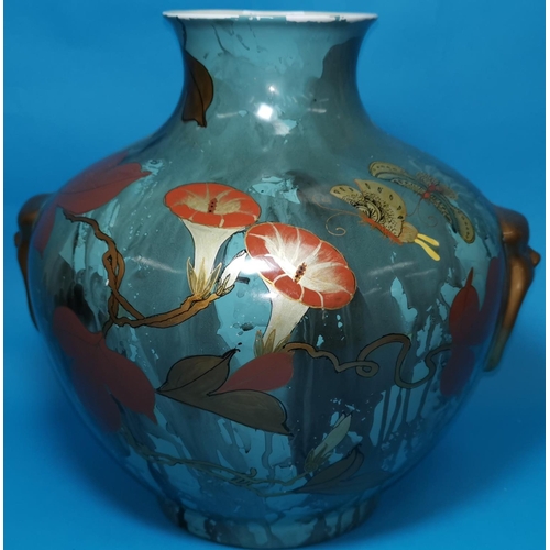 272 - A hand painted Japanese studio pottery vase decorated with a drip glaze, flowers and butterflies etc