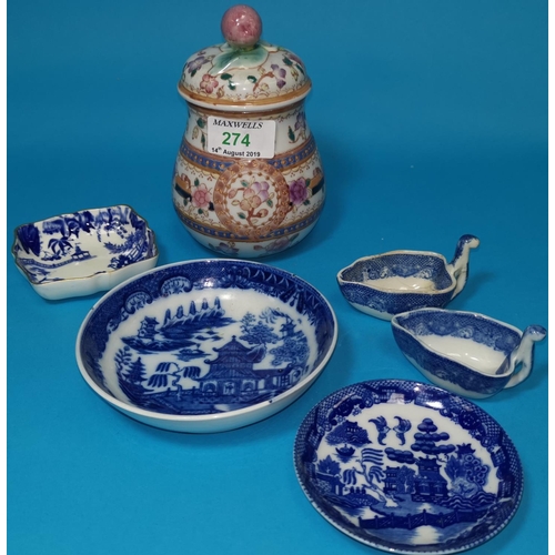 274 - A modern Chinese lidded pot with enamelled decoration, five items of blue and white pottery