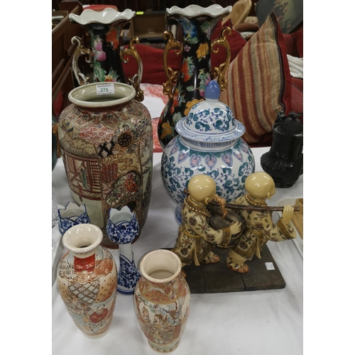 275 - Two Japanese satsuma vases and a selection of modern oriental vases, figures etx
