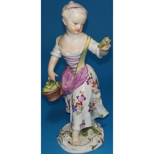 278 - A 19th century Meissen porcelain figure of a girl feeding a bird, another similar Meissen figure (so... 