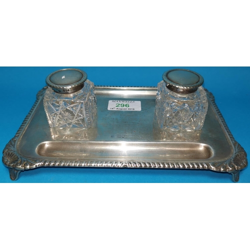 296 - A silver ink stand with two cut glass silver lidded ink pots, (marks on stand rubbed) lids marked Lo... 