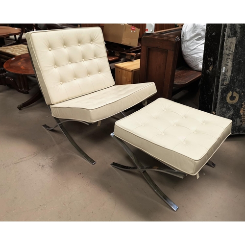 538 - A modern low seat easy chair and pouffe, with chrome frame, in buttoned cream hide