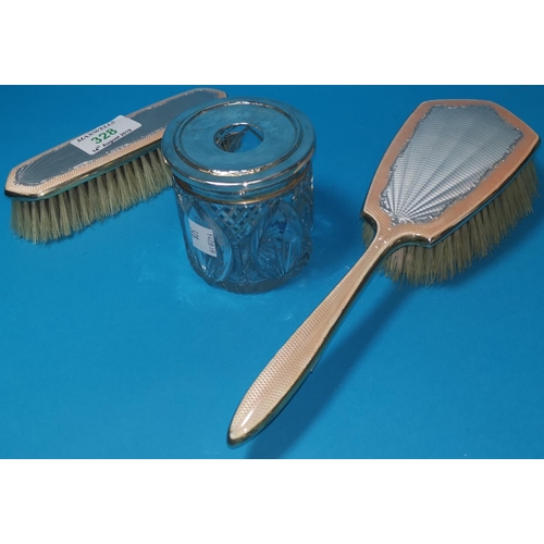 328 - A silver gilt and enamel hairbrush and matching clothes brush; a hairpin tray with silver top