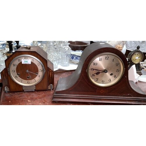 396 - A 1930's Art Deco mantel clock in inlaid walnut case with Westminster chime; 2 other clocks