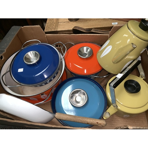403 - A selection of 1960's/70's decorative enamel pans; kettles; cookware