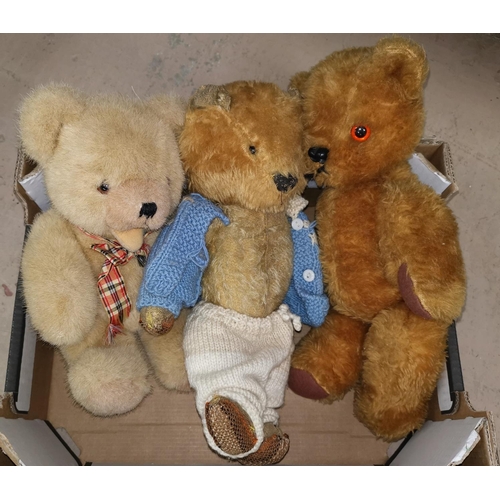 421 - A vintage teddy bear; 2 others; 2 19th century framed prints of lilies