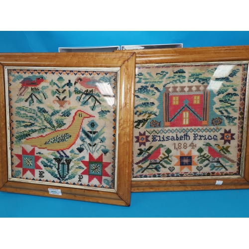 423 - A pair of Victorian woolwork tapestry samplers by Elisabeth Price, 1884, 32 cm square, burr walnut f... 