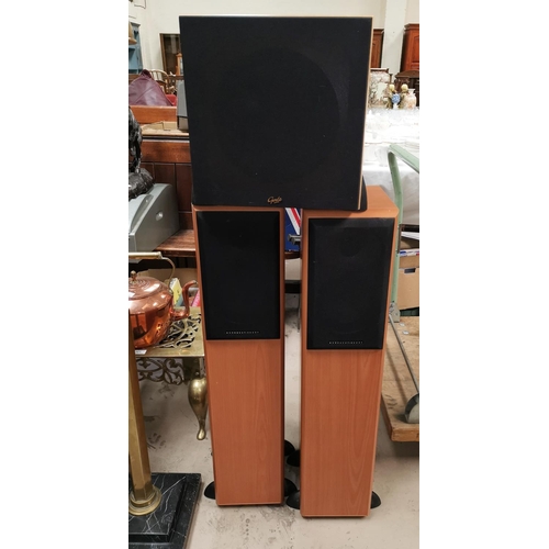 425 - A pair of Mordaunt-Short audio speakers; a Gale 30 powered sub woofer