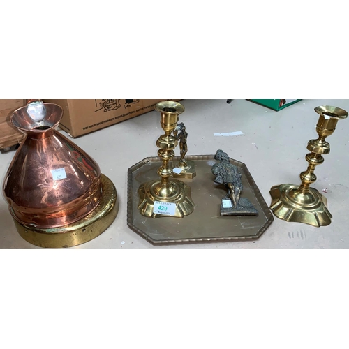 429 - A Georgian pair of brass candlesticks; a figural taper stick; other metalware
