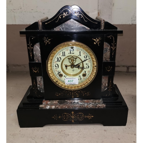 437 - A 19th century mantel clock in black marble case, with inset panels and gilt highlights, cream and g... 