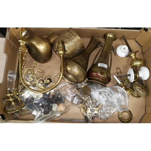 439 - Two 19th century brass gas wall brackets (converted); 2 oriental bronze vases; doorknobs; brassware;... 