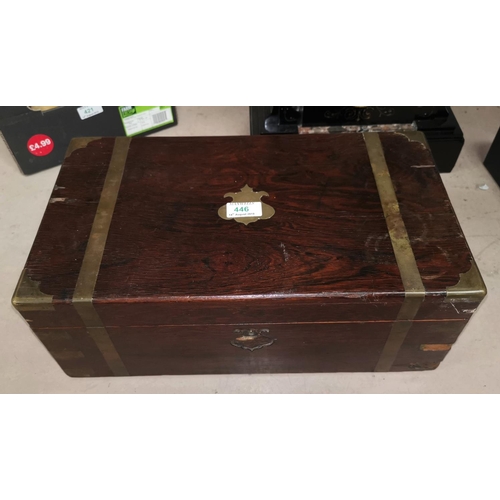 446 - A 19th century brass bound rosewood lap desk; a brass and glass firescreen