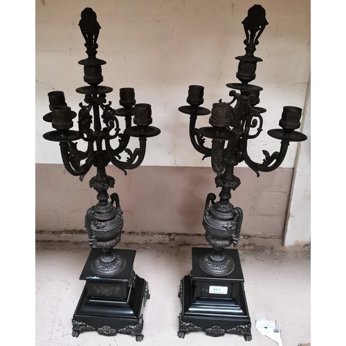 451 - A gilt metal pair of 5 sconce candelabra on black marble bases