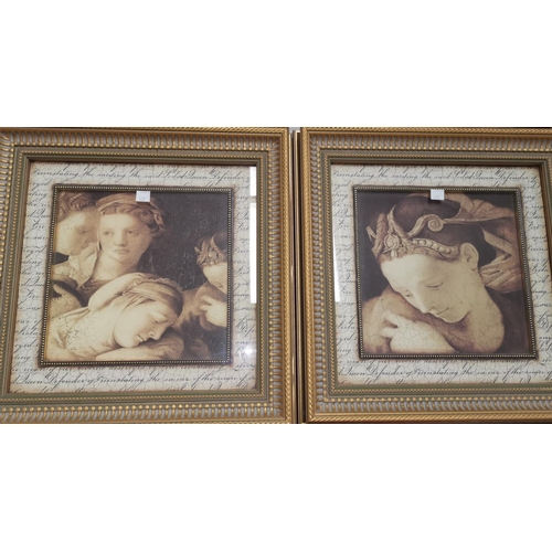 453 - A pair of gilt framed prints:  Renaissance women after Raphael; a similar pair