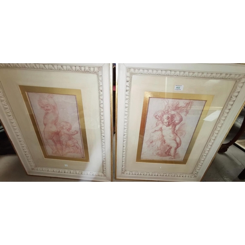 453 - A pair of gilt framed prints:  Renaissance women after Raphael; a similar pair