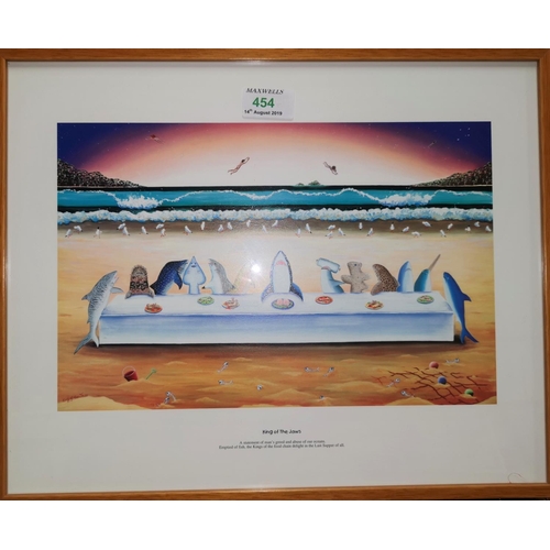 454 - A cartoon print 'King of Jaws', framed and glazed